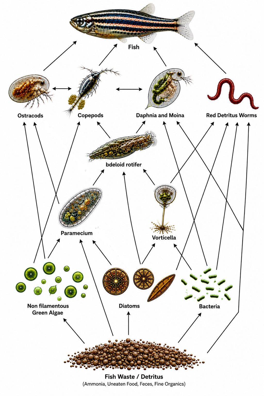 Diagram of a food web in an aquatic ecosystem with various organisms and their relationships.
